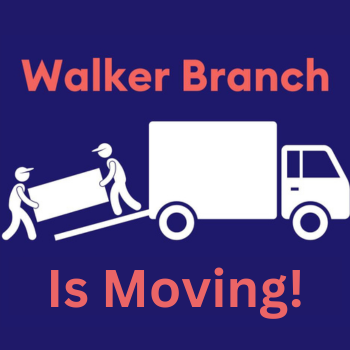 Blue background with clip art drawing of people lifting box into truck